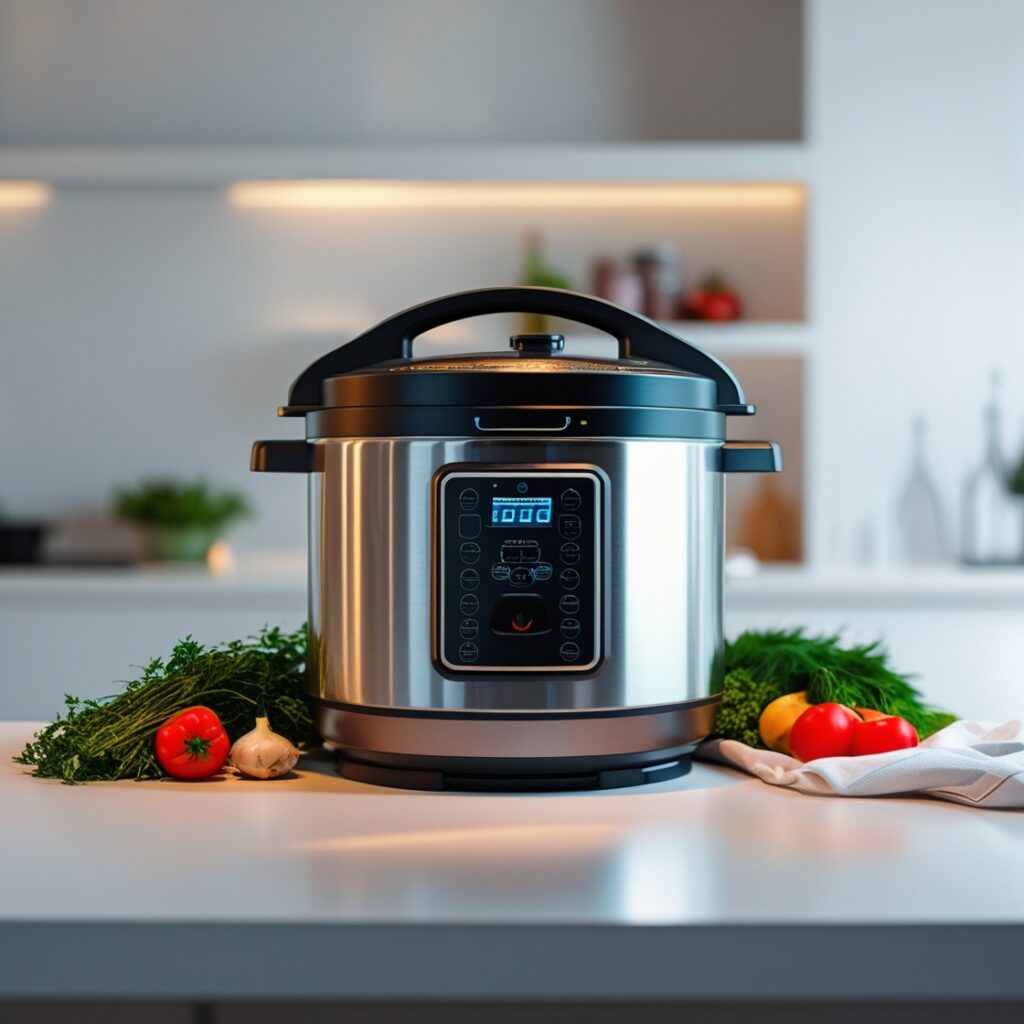 "Panela de pressão elétrica moderna da Amazon com display digital, função rápida e segurança avançada – ideal para cozinhar arroz, feijão e carnes em minutos.