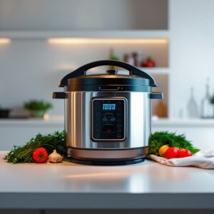 "Panela de pressão elétrica moderna da Amazon com display digital, função rápida e segurança avançada – ideal para cozinhar arroz, feijão e carnes em minutos.